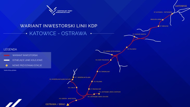 Wariant inwestorski linii kolejowej Katowice–Ostrawa. Źródło: CPK